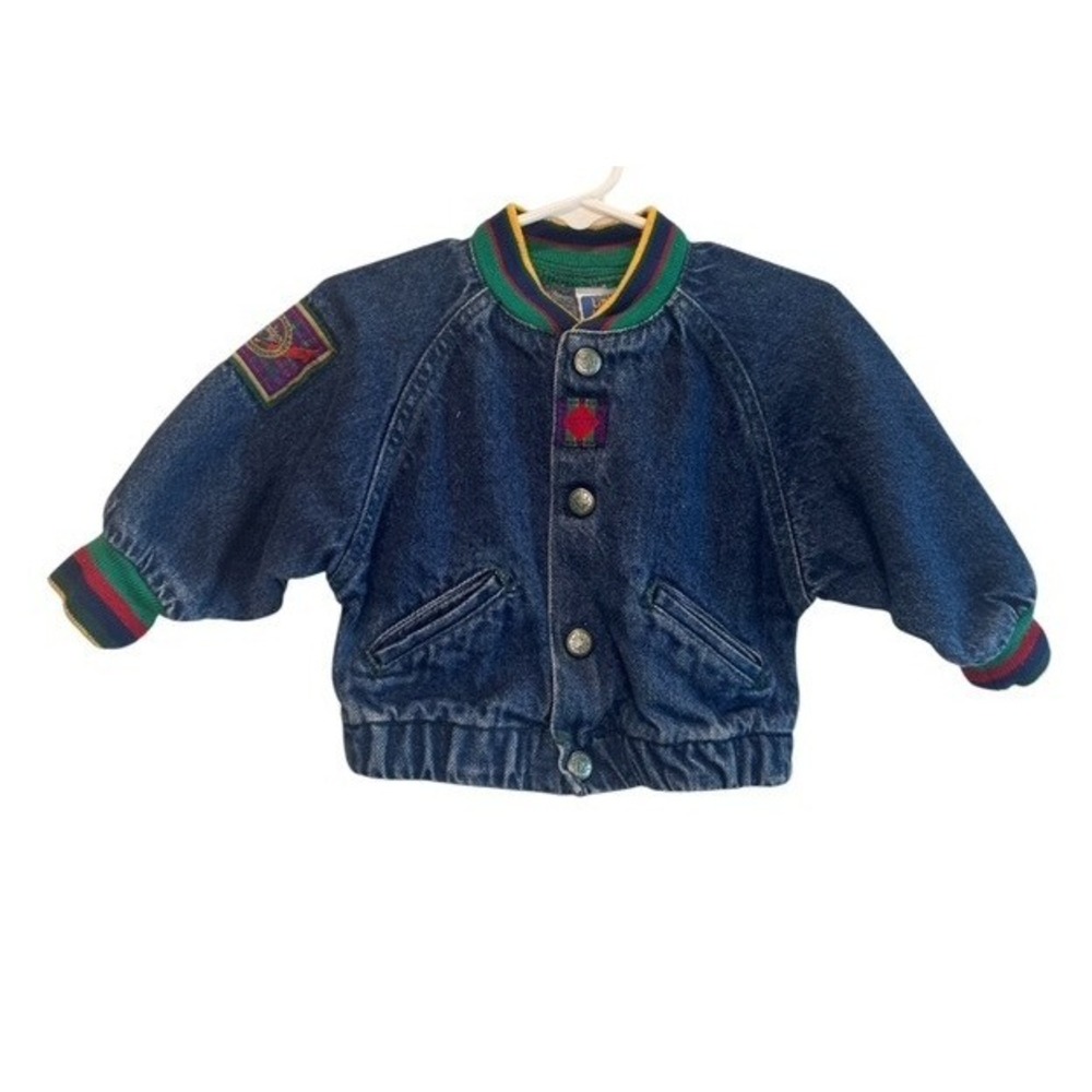 VTG Levis Kids Blue Denim Jacket Bomber Striped Trim Made in USA 18M